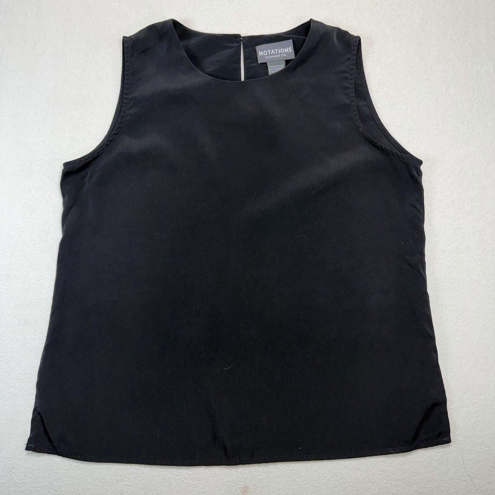 Notations Clothing Blouse Women's Size S Vintage Black Satin Crew Neck Slits Top
